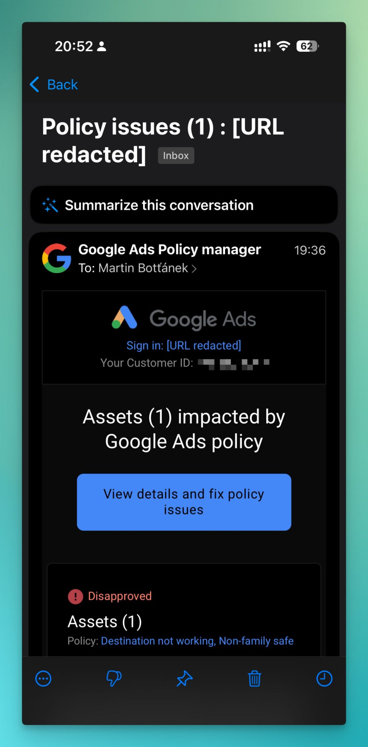 URL redacted v Google Ads